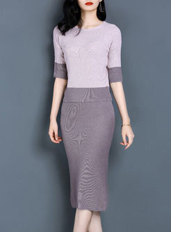 Brief Hit Color Knitted Bodycon Two-piece Outfits
