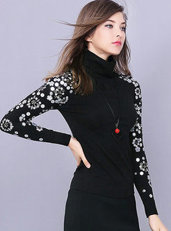 Nail Bead Stereoscopic Flower Turtle Neck Sweater