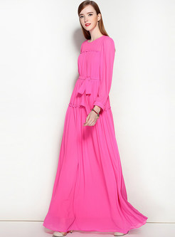Party Pure Color Belted O-neck Long Sleeve Slim Maxi Dress 