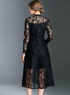 Sweet Lace Embroidered Single-breasted Long Sleeve Skater Dress