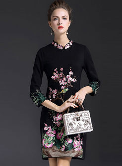 Ethnic Improved Cheongsam Embroidered Stand Collar Bodycon Dress