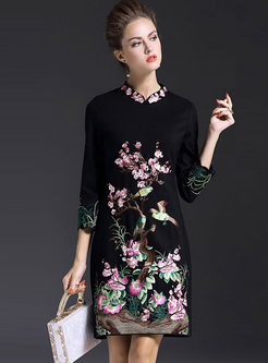 Ethnic Improved Cheongsam Embroidered Stand Collar Bodycon Dress