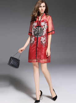 Vintage Embroidered Stand Collar Perspective Shift Dress With Underskirt 