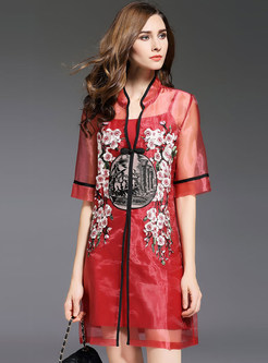 Vintage Embroidered Stand Collar Perspective Shift Dress With Underskirt 