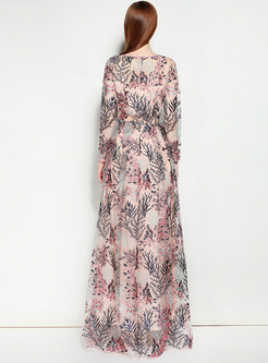 Party Embroidered Print O-neck Long Sleeve Slim Maxi Dress