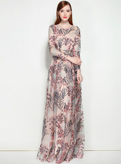 Party Embroidered Print O-neck Long Sleeve Slim Maxi Dress