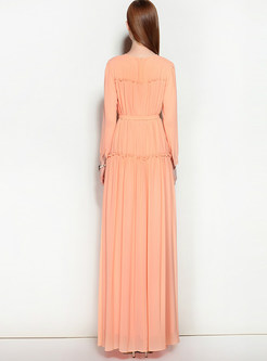 Party Pure Color Belted O-neck Long Sleeve Slim Maxi Dress 