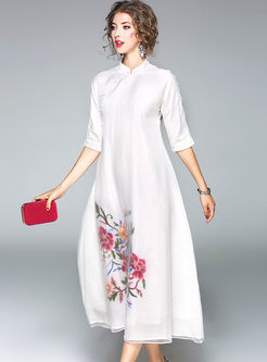 Ethnic Embroidered Improved Cheongsam Stand Collar Shift Dress