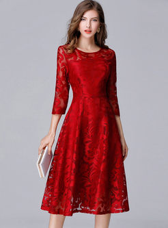 Red Lace Transparent A Line Cocktail Dress