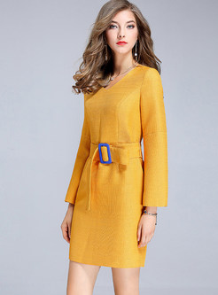 Work Pure Color V-neck Long Sleeve Belted Slim Bodycon Dress 