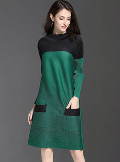Hit Color Stitching Long Sleeve Shift Dress