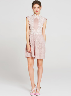 Pink Stereoscopic Flower Sleeveless A-line Dress