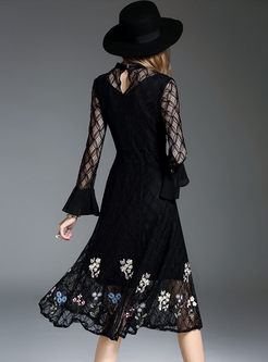 Black Lace Hollow Out Embroidered Long Sleeve Skater Dress