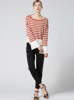 Hit Color Loose Flare Sleeve Slash Neck Knitted Sweater
