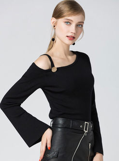 Black Asymmetry Off Shoulder Flare Sleeve Sweater