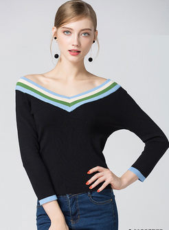 Hit Color Stitching V-neck Knitted Sweater