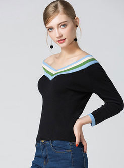 Hit Color Stitching V-neck Knitted Sweater