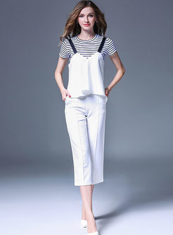 Striped Short Sleeve T-shirt & White Sleeveless Two-piece Outfits
