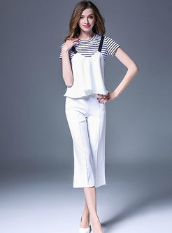 Striped Short Sleeve T-shirt & White Sleeveless Two-piece Outfits