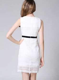 White Lace Hollow Out Sleeveless V-neck Bodycon Dress