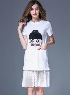 Lace Splicing Cartoon Embroidered T-shirt Dress