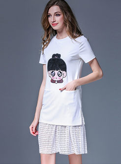 Lace Splicing Cartoon Embroidered T-shirt Dress