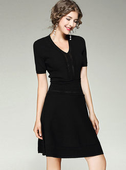 Brief Slim Short Sleeve A-line Knitted Dress