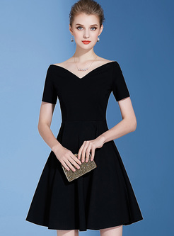 Black Elegant V-neck Skater Dress