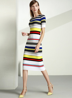 Elegant Color-blocked Slim Knitted Dress