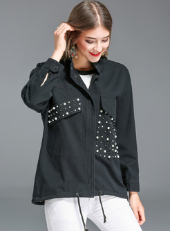 Casual Beaded Stand Collar Loose Coat