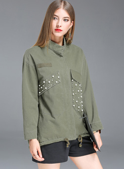 Brief Beaded Stand Collar Loose Coat