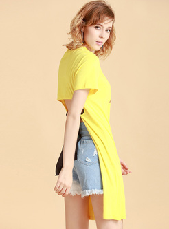 Yellow Casual Letter Print Asymmetric T-shirt