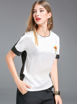 Casual Monochrome Color-blocked Embroidery T-shirt