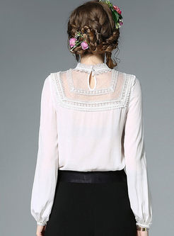 White Lace Hollow Out Long Sleeve Blouse