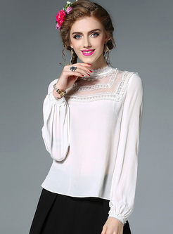 White Lace Hollow Out Long Sleeve Blouse