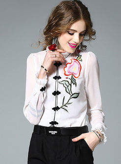 Silk Embroidered Stand Collar Long Sleeve Blouse With Camis