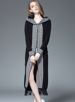 Long Color-blocked Tassel Hooded Knitted Coat