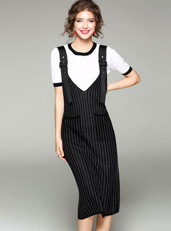 White Short Sleeve Knitted T-shirt & Striped Knitted Overalls