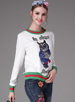 Brief Owl Embroidery Straight Sweater