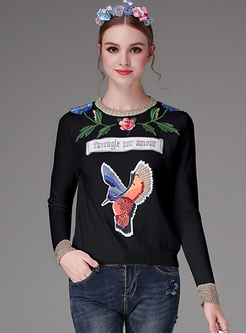 Brief Bird Embroidery Straight Sweater