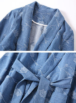 Blue Stylish Belt Long Sleeve Trench Coat