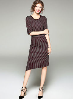 Striped Half Sleeve Sheath Knitted Dress