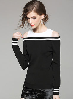Hit Color Off Shoulder Long Sleeve Knitted Sweater