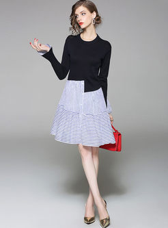 Brief Long Sleeve Knitted Splicing Striped Skater Dress