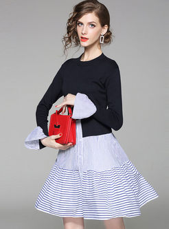 Brief Long Sleeve Knitted Splicing Striped Skater Dress