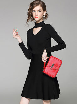 Black Stylish Long Sleeve Knitted Dress