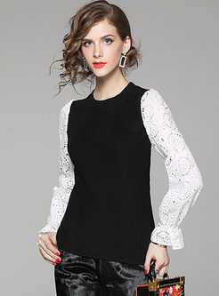 Splicing Hollow Out Long Sleeve Knitted Sweater