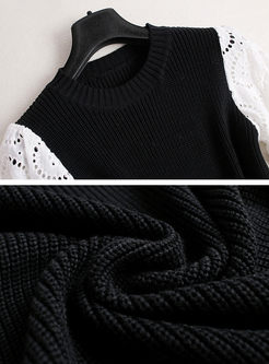 Splicing Hollow Out Long Sleeve Knitted Sweater