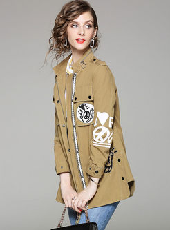 Street Patch Stand Collar Long Sleeve Coat