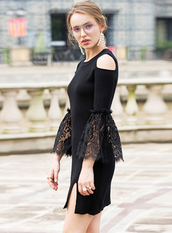 Sexy Off Shoulder Lace Flare Sleeve Black Dress